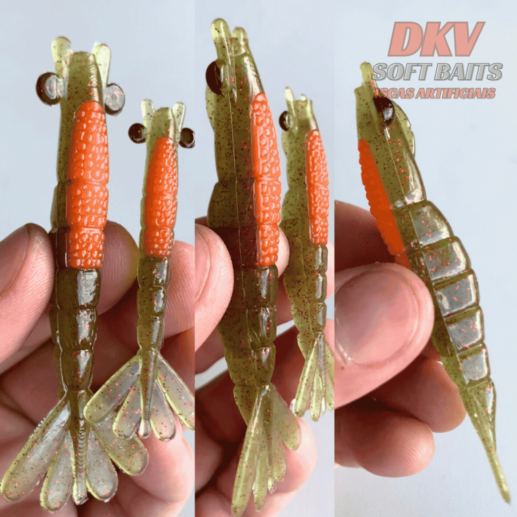 Kit 16 Camarões Ovados DKV | Isca Soft p/ Robalo, Tucunaré e Traíra