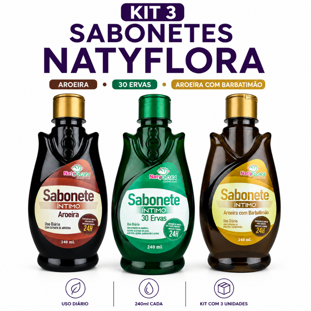 Kit 3 Sabonetes Íntimos Natyflora 240ml Aroeira+30 ervas+Barbatimão