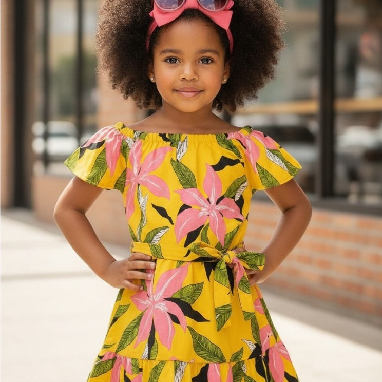 Vestido Infantil Estampado Festa Parque Menina Cores Alegres Verão Roupa Infantil Feminina 4 a 10 Anos