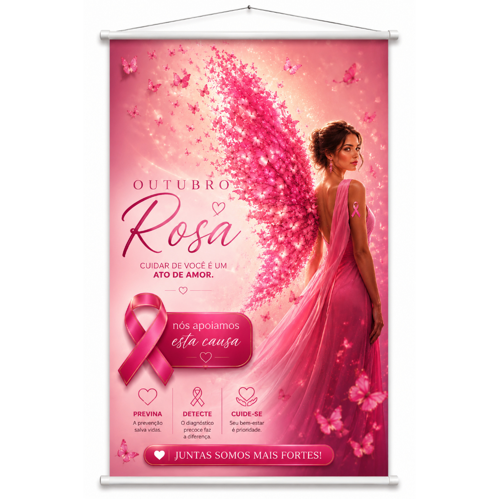 Banner Outubro Rosa Câncer De Mama Prevenção Saúde produzido em lona. Cartaz Hospital Escola Empresas Eventos Pub1098