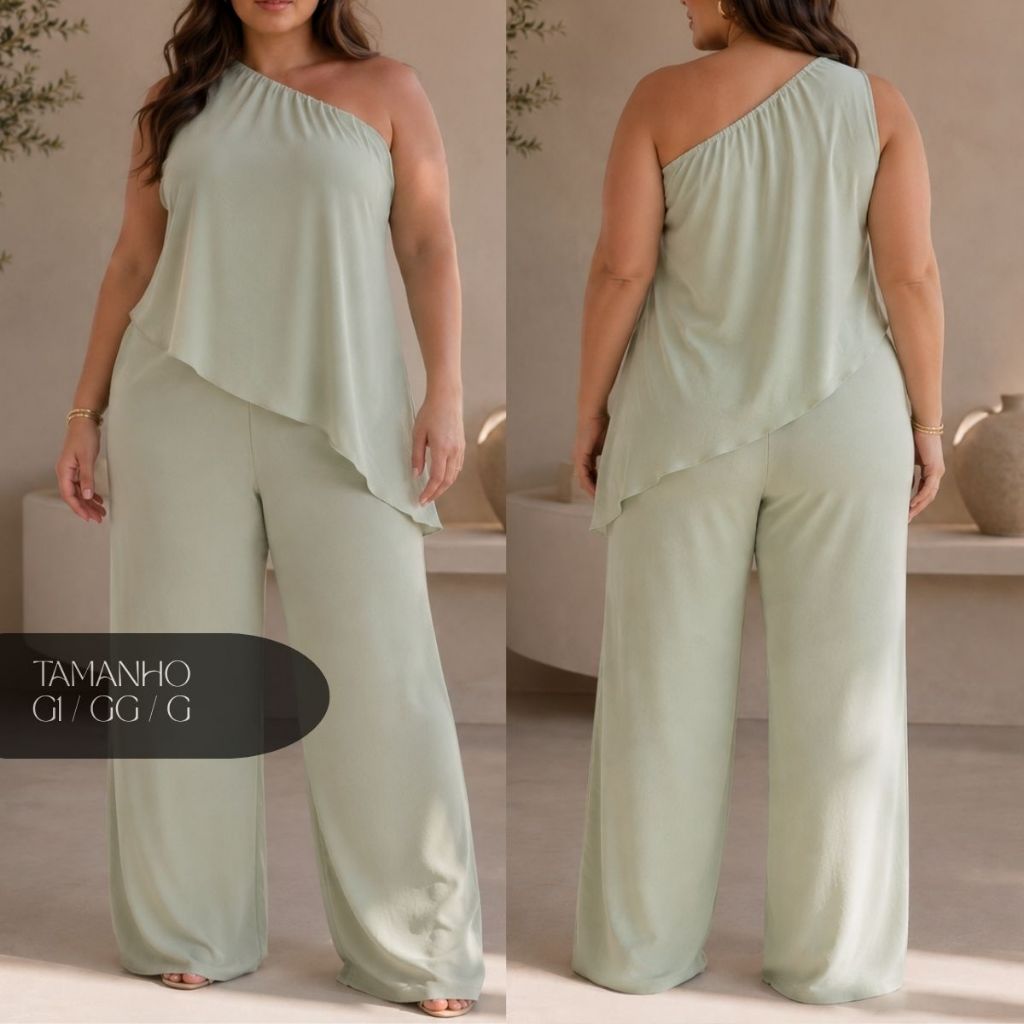 Conjunto Assimétrico Plus Size Calça Pantalona e Blusa