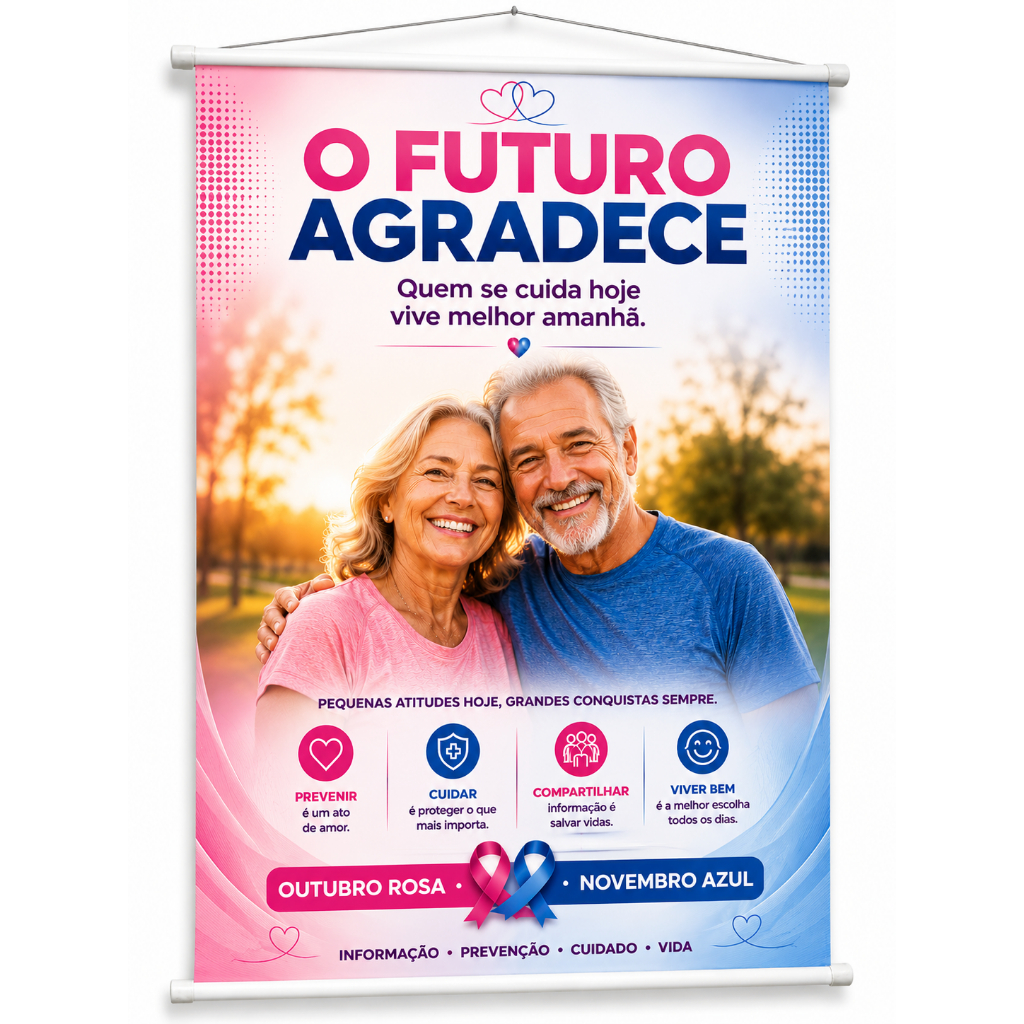 Banner Outubro Rosa Novembro Azul Saúde Preventiva produzido em lona. Cartaz Hospital Empresa Clinica Eventos Pub1118