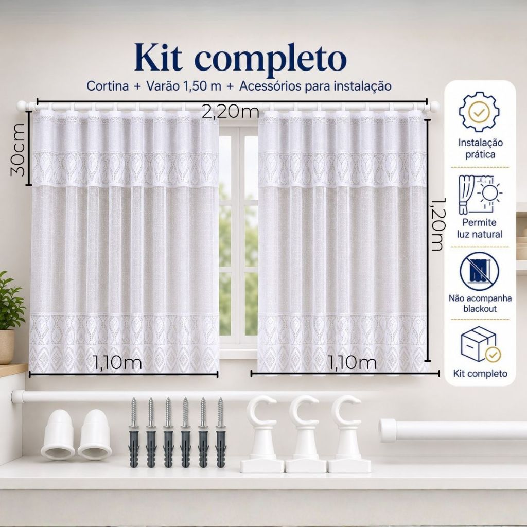 Kit Cortina Cozinha Renda Tulipa 1,20x2,20m Com Varão Completo Fácil Instalação
