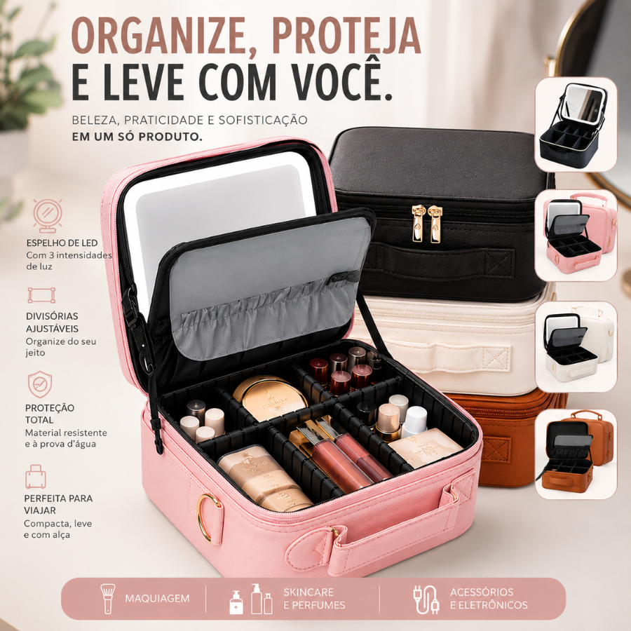 Kit Maleta Maquiagem Completa Com Espelho LED Divisórias Ajustáveis Viagem