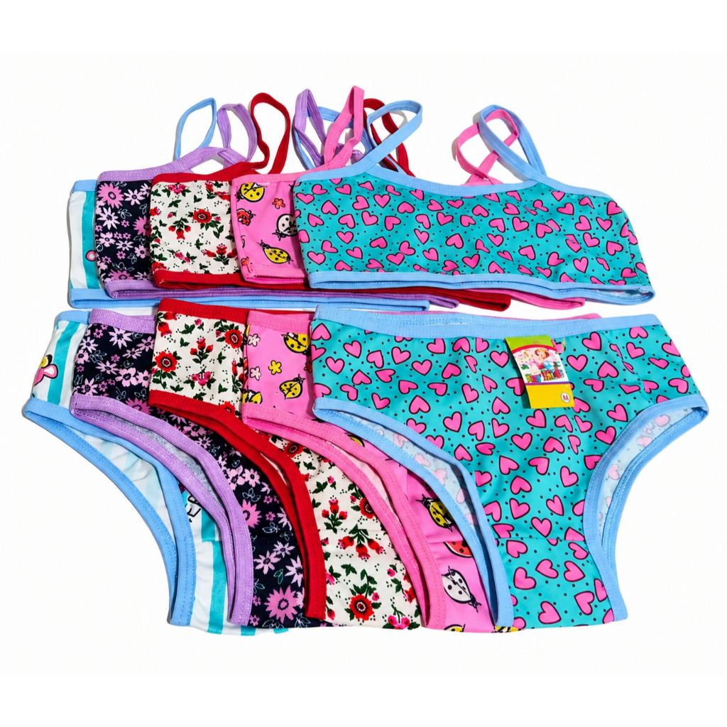 Kit 5 Conjuntos Infantil Feminino Calcinha e Top Estampado Microfibra Romantic 4 a 12 anos