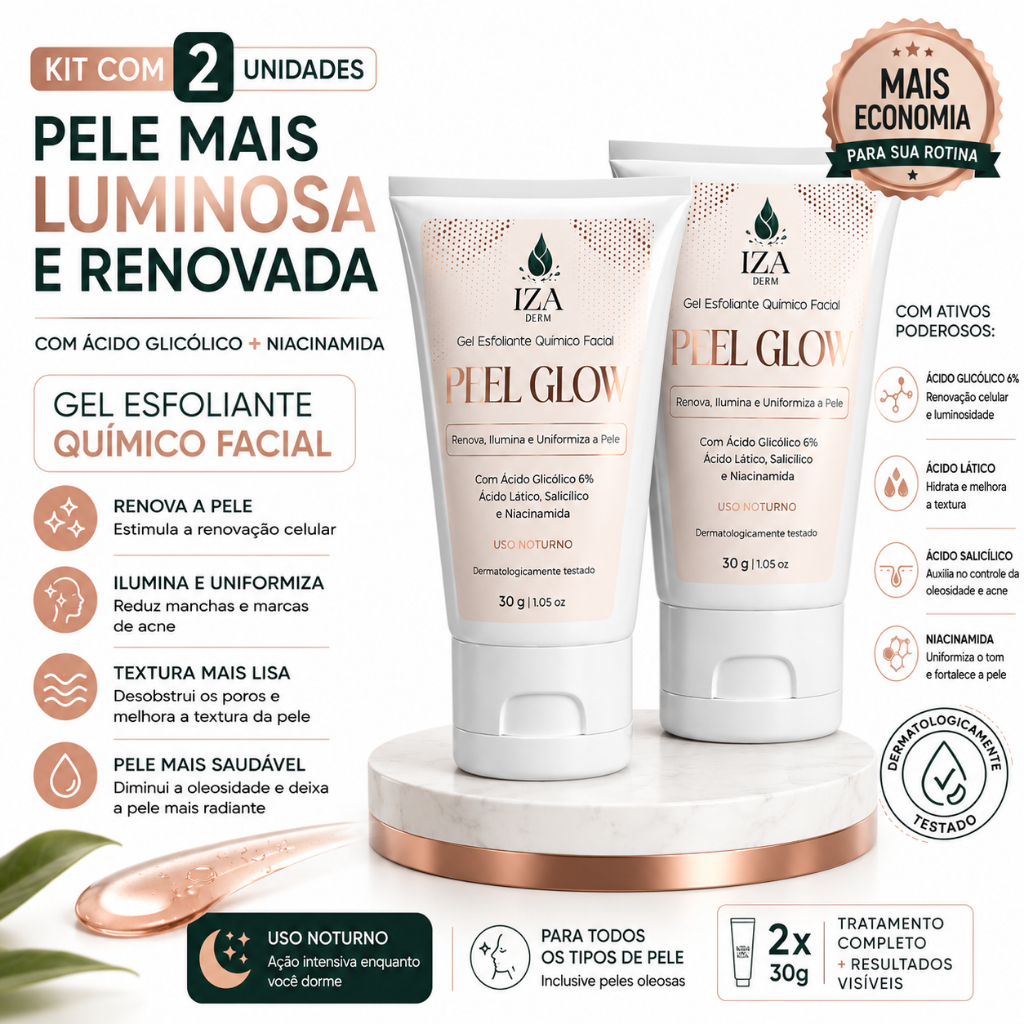Kit 2 Gel Esfoliante Facial Peel Glow IZA Derm  Ácido Glicólico Niacinamida 30g