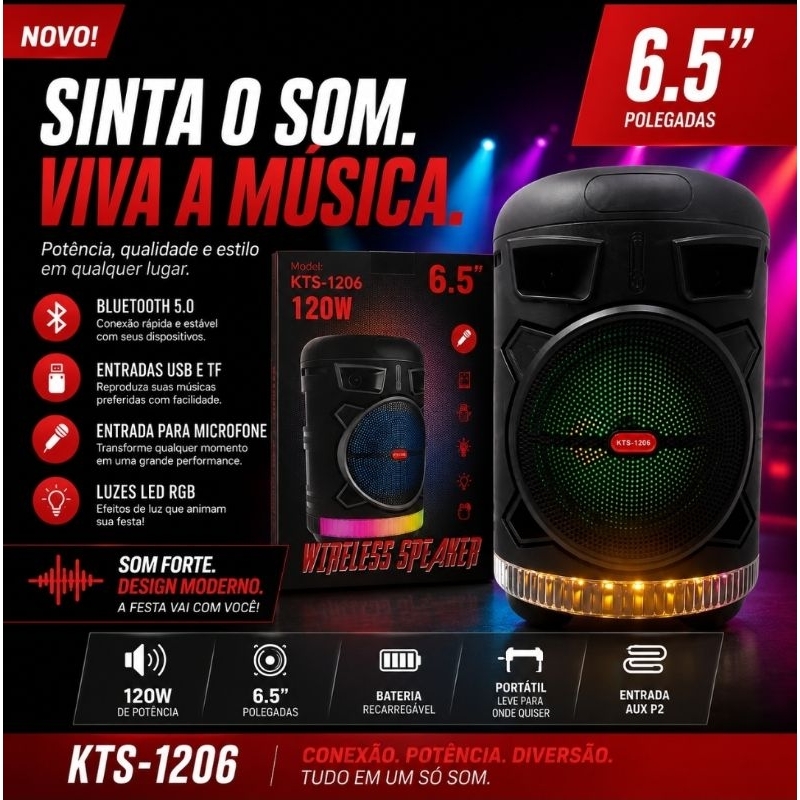 Caixinha De Som Bluetooth LED RGB Usb Cartão TF Alta Qualidade 120w Entrada P10