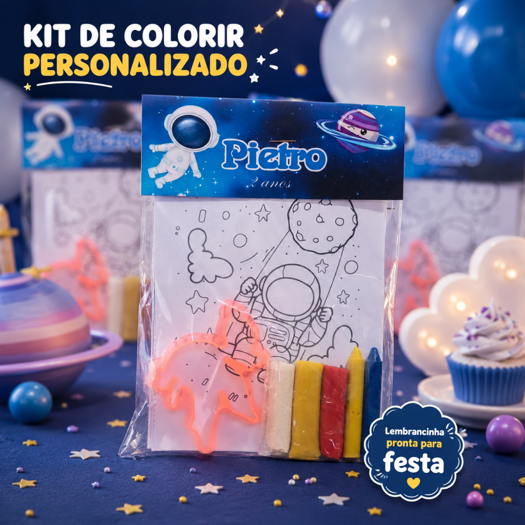 Kit Para Colorir Premium Astronauta Personalizado para Festa Infantil + Kit Massinha + Giz, Lembrancinha Criativa