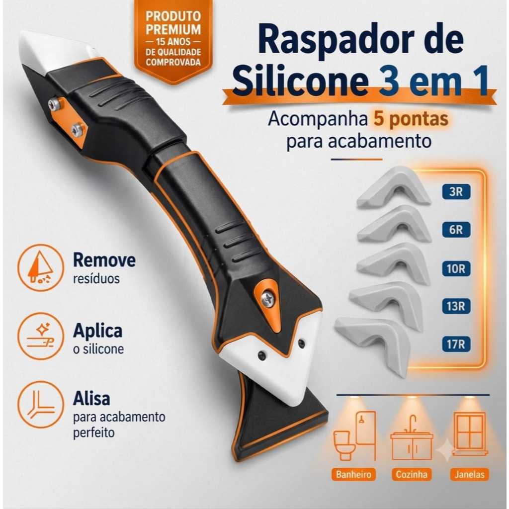 Raspador Removedor de Silicone 3 em 1 com 5 Pontas de Acabamento | Ferramenta Rejunte e Calafetação