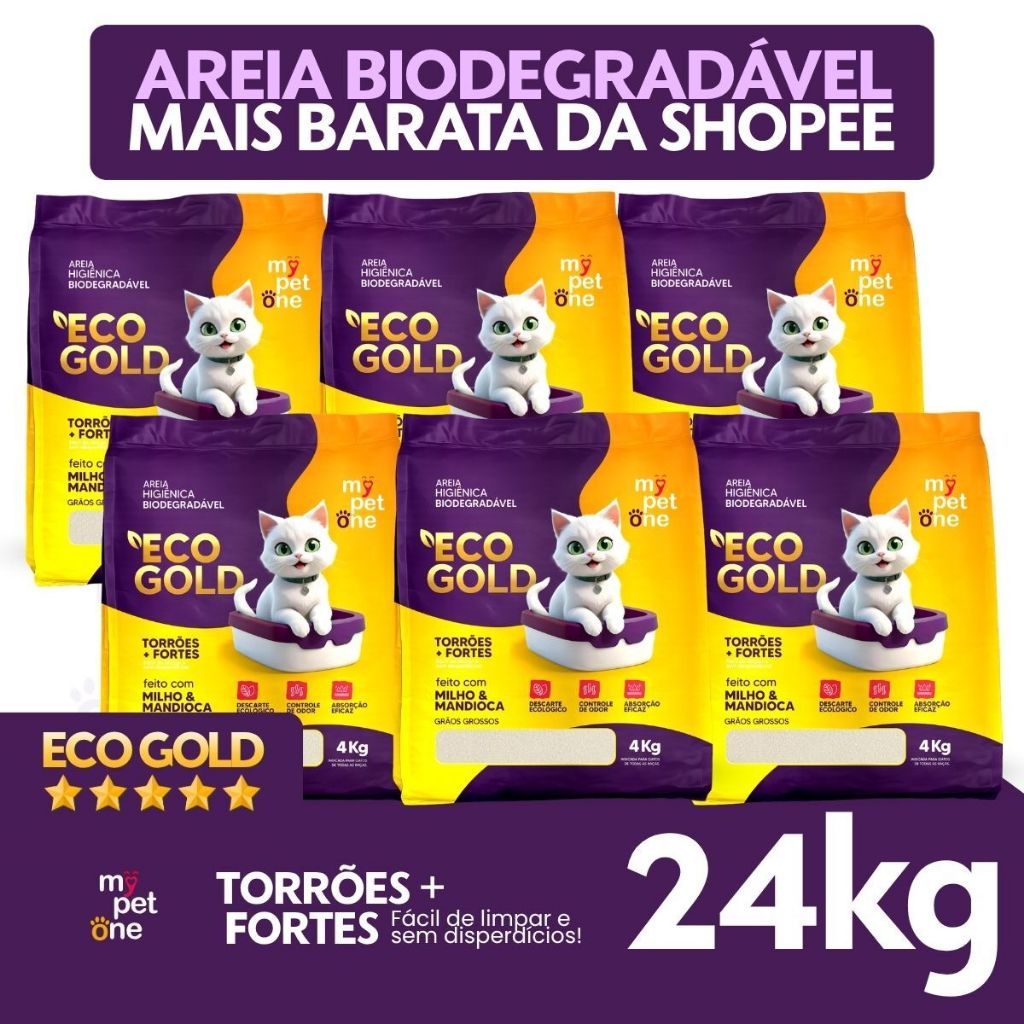 Kit 6 Areia Biodegradável Milho e Mandioca para Gatos Cat Bio Eco Gold Grãos Grossos MyPetOne - 24Kg