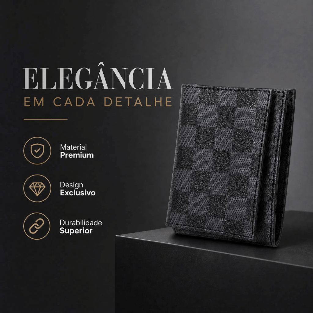 Carteira Masculina Slim Couro PU Premium Xadrez Porta Cartões Cédulas CNH — imagem 2 de 2
