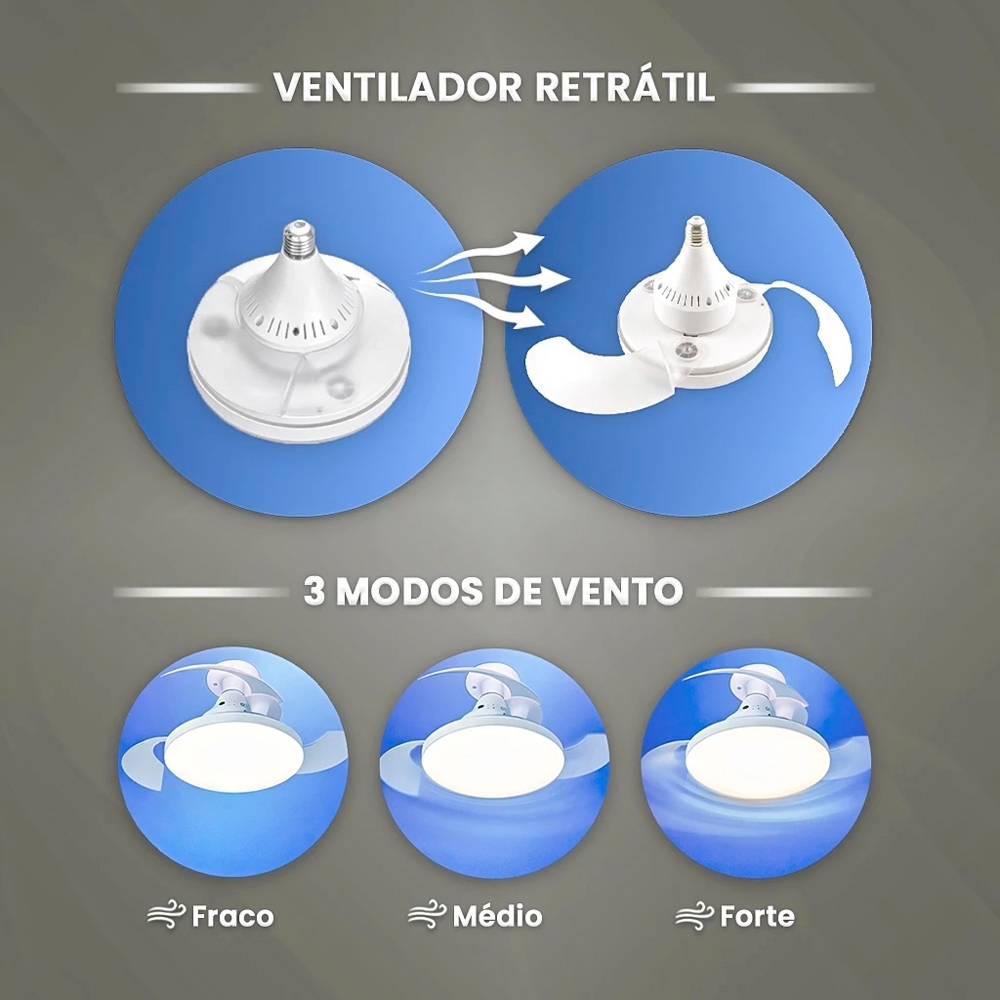 Ventilador de Teto E27 120W com LED Integrado Hélices Retráteis Controle Remoto Silencioso