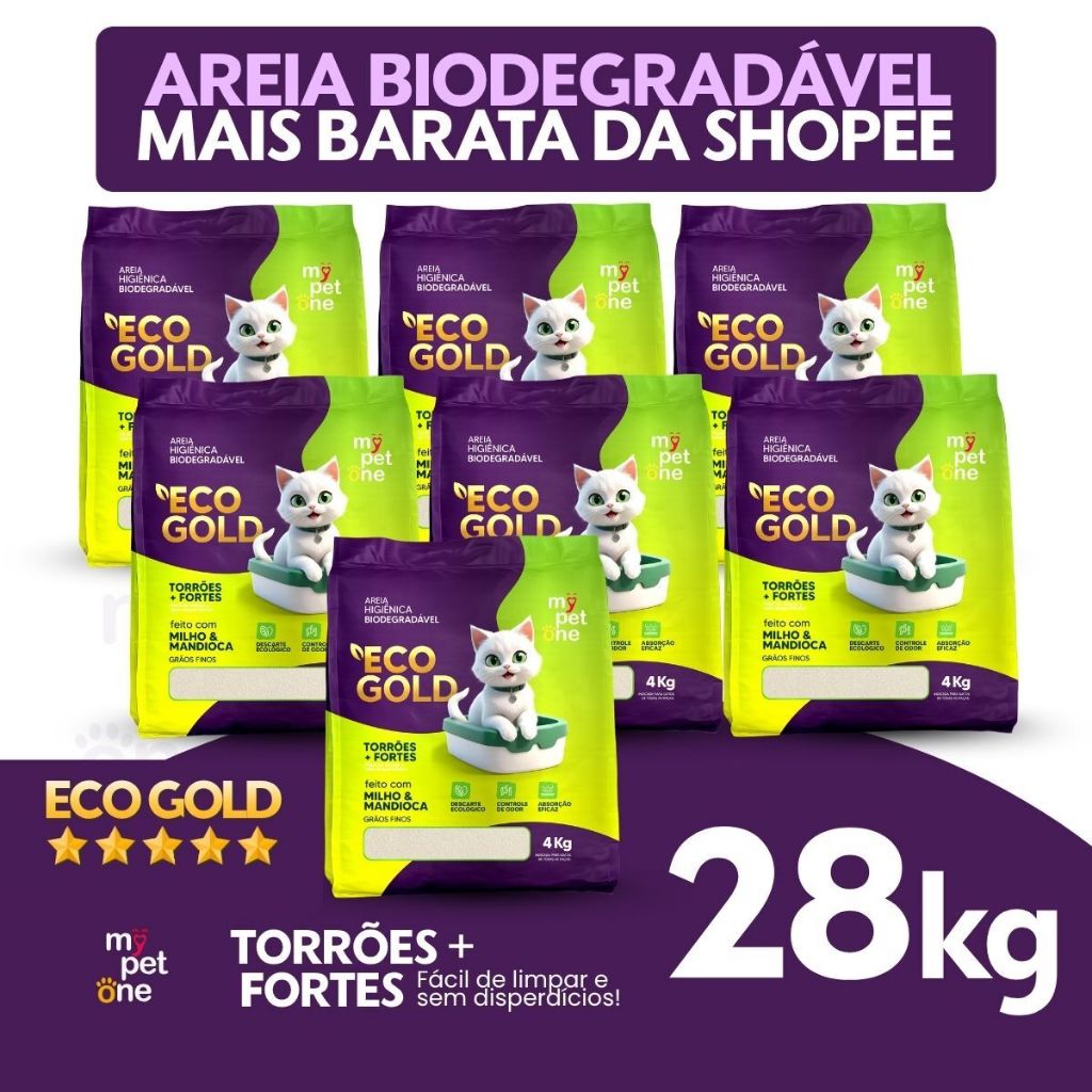 Kit 7 Areia Eco Gold Biodegradável Fina MyPetOne 4Kg