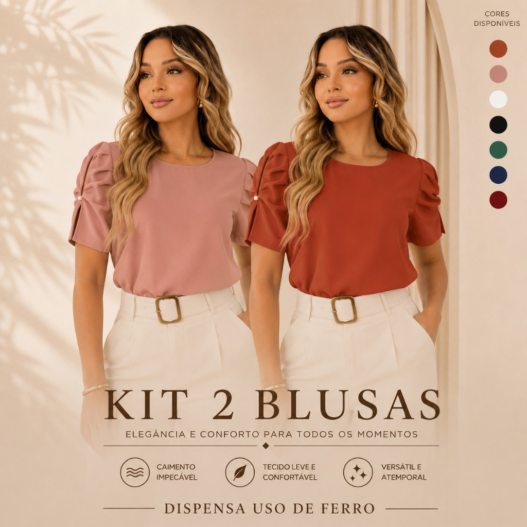 KIT 2 BLUSAS FEMININA ELEGANTE SOCIAL UNIFORME DUNA BLUSINHA TENDÊNCIA FARDA MODA CASUAL PROMOÇÃO