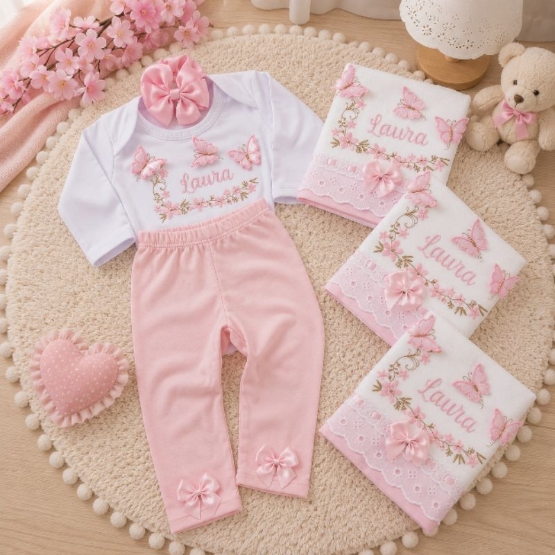 Body bebê bordado personalizado calça mijão fraldas bordadas borboletas 3D