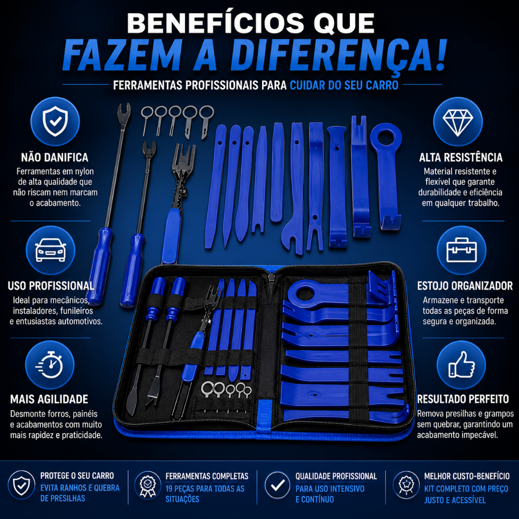 Jogo Kit 19 peças Espátulas De Nylon Com Chaves para forro de porta painel som Automotivas Carro Van