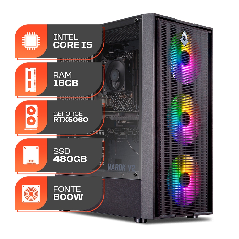 PC Gamer Titan Pro, Intel i5-12400F, GeForce RTX 5060 8GB, 16GB DDR4, SSD 480GB, 600W 80 Plus