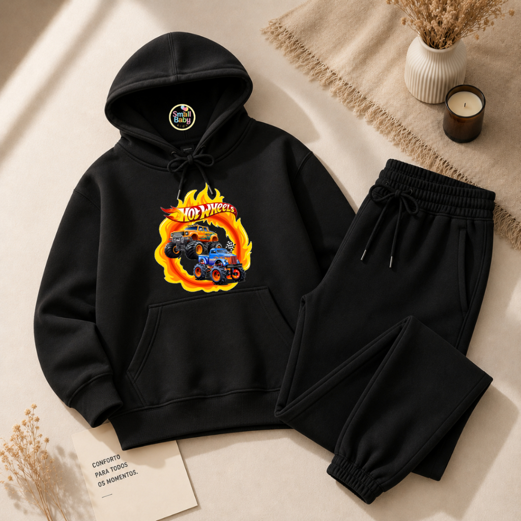 Conjunto Infantil Blusa Moletom Canguru Flanelado e Calça Moletom Hotwheels Roda de Fogo Estampado