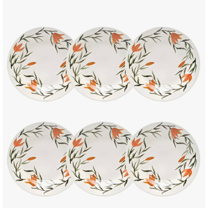 Jogo 6 prato de sobremesa Lirios Biona estampado laranja florido 18cm ceramica