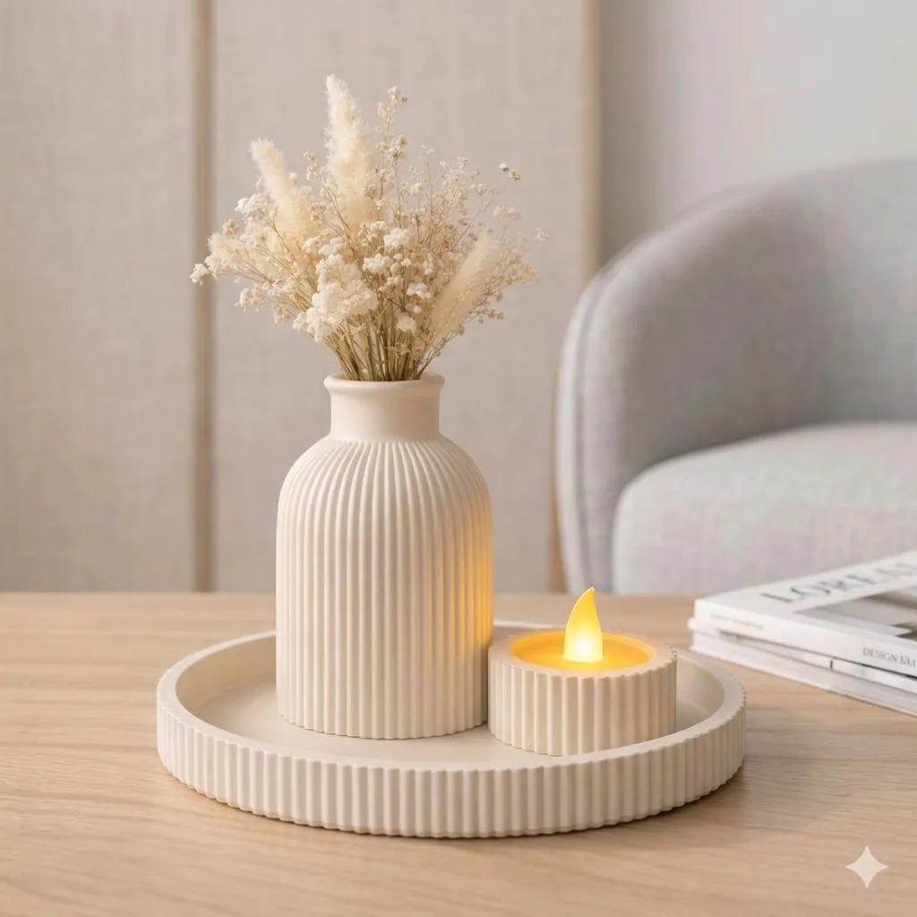 Conjunto Vaso Decorativo Planta Com Bandeja Elegante Vela Luxo Clean