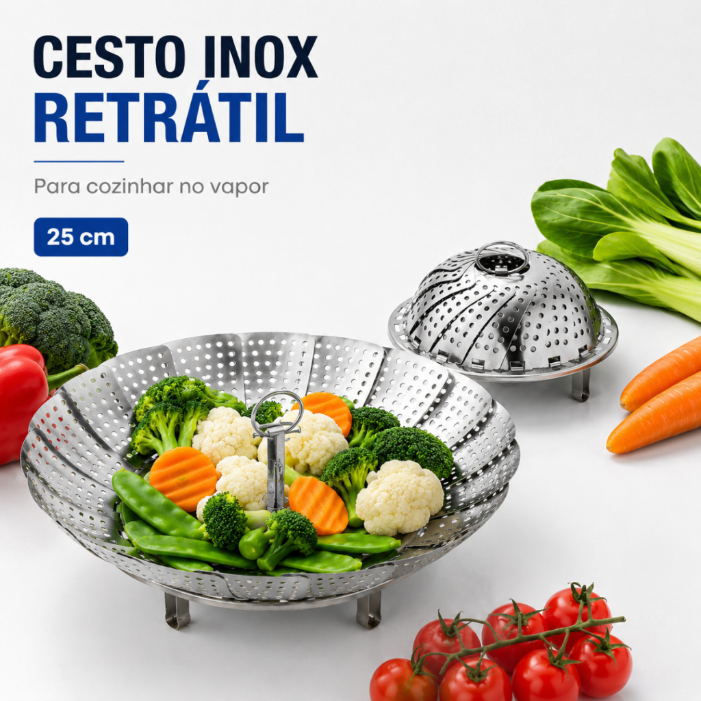 Imagem Cesto Cozimento Vapor Inox Retrátil 25cm Aço Inoxidável Abre e Fecha Universal para Panelas Médias