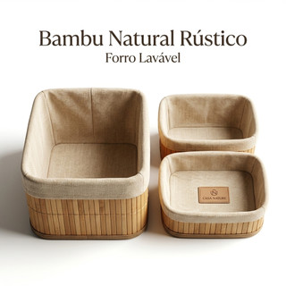 Kit 3 Cestos Organizadores de Bambu Multiuso Forro de Tecido/Organizador/Bambu Rústico Fibra Natural