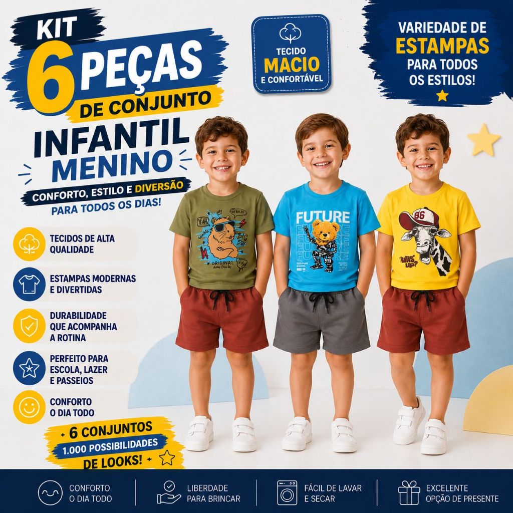Kit 6 peças conjunto infantil menino algodão confortável masculina short verão calor roupa criança