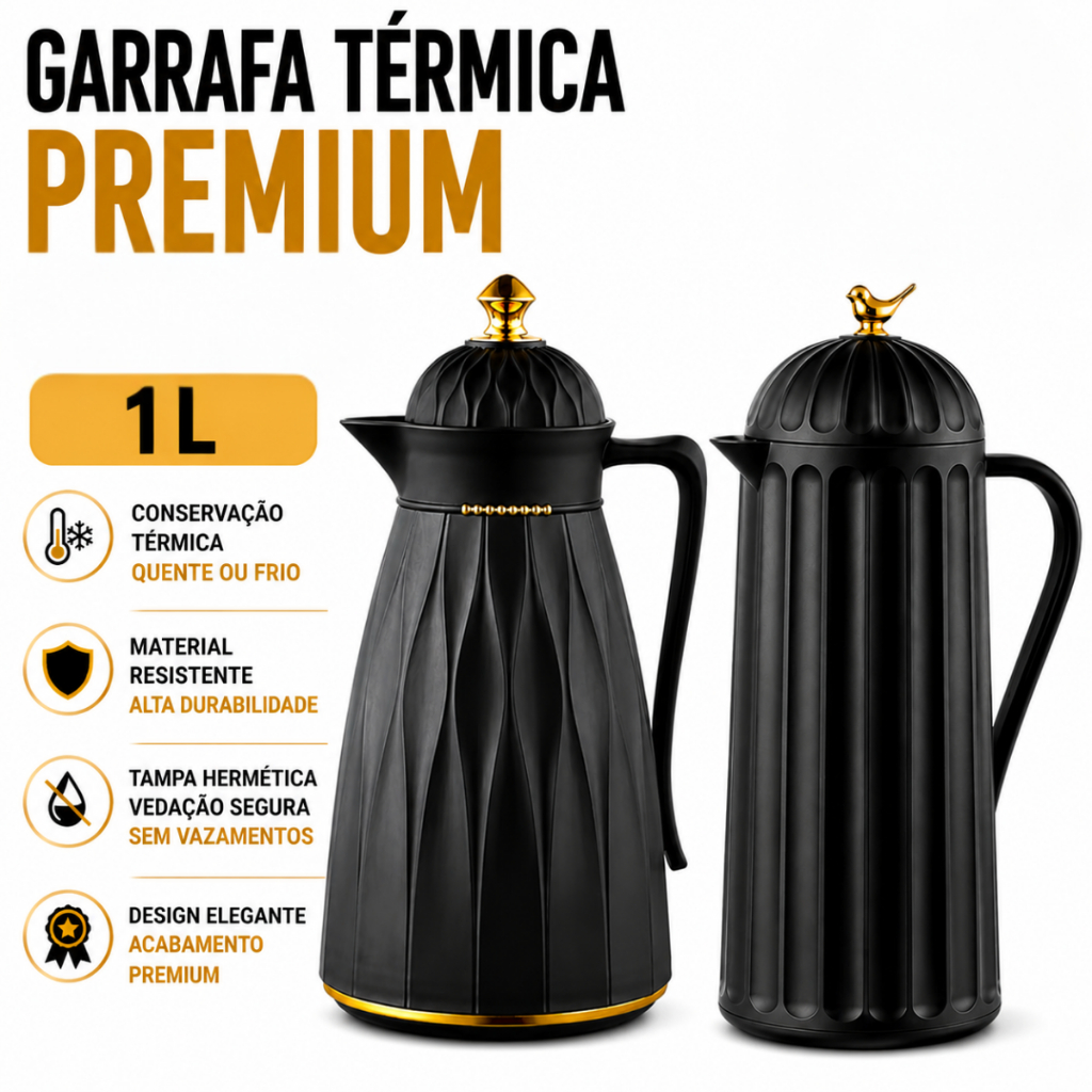Garrafa Térmica De Café Chá Preta Detalhe Dourado Luxo 1L Arabic Bebidas Quente Por Horas Premium