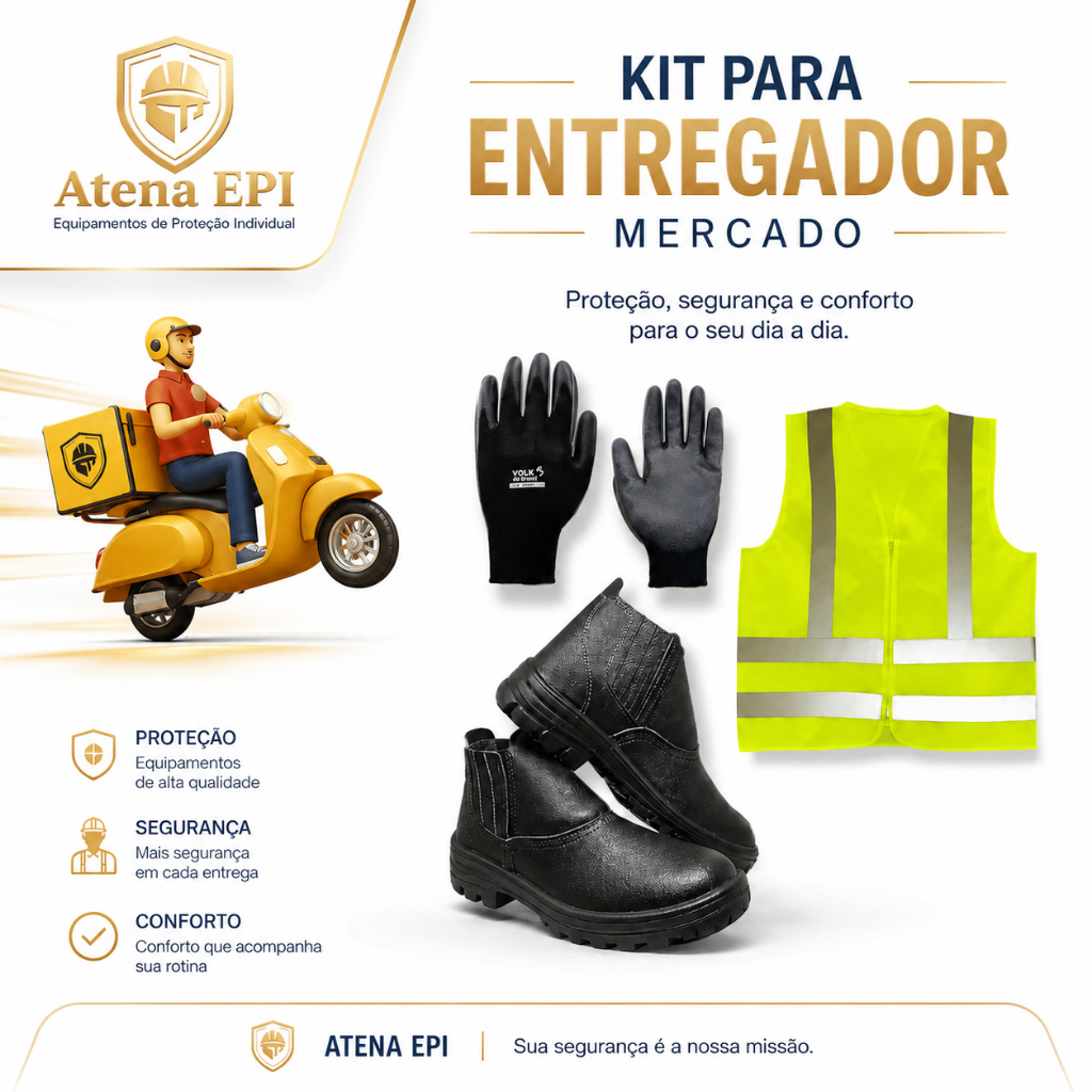 Kit Epi completo Entregador Mercado Motorista Bota Botina + Colete Refletivo + Luva Multitato entrega lalamove