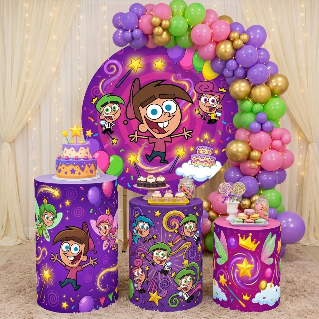 Painel Redondo Timmy Turner e os Padrinhos Mágicos + 3 Cilindros Decorativos Festa (COD: 3454)