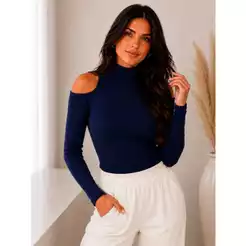 Blusa Canelada Feminina Decote Ombro Gola Alta Blusa Manga Longa Casual Elegante Dia a Dia
