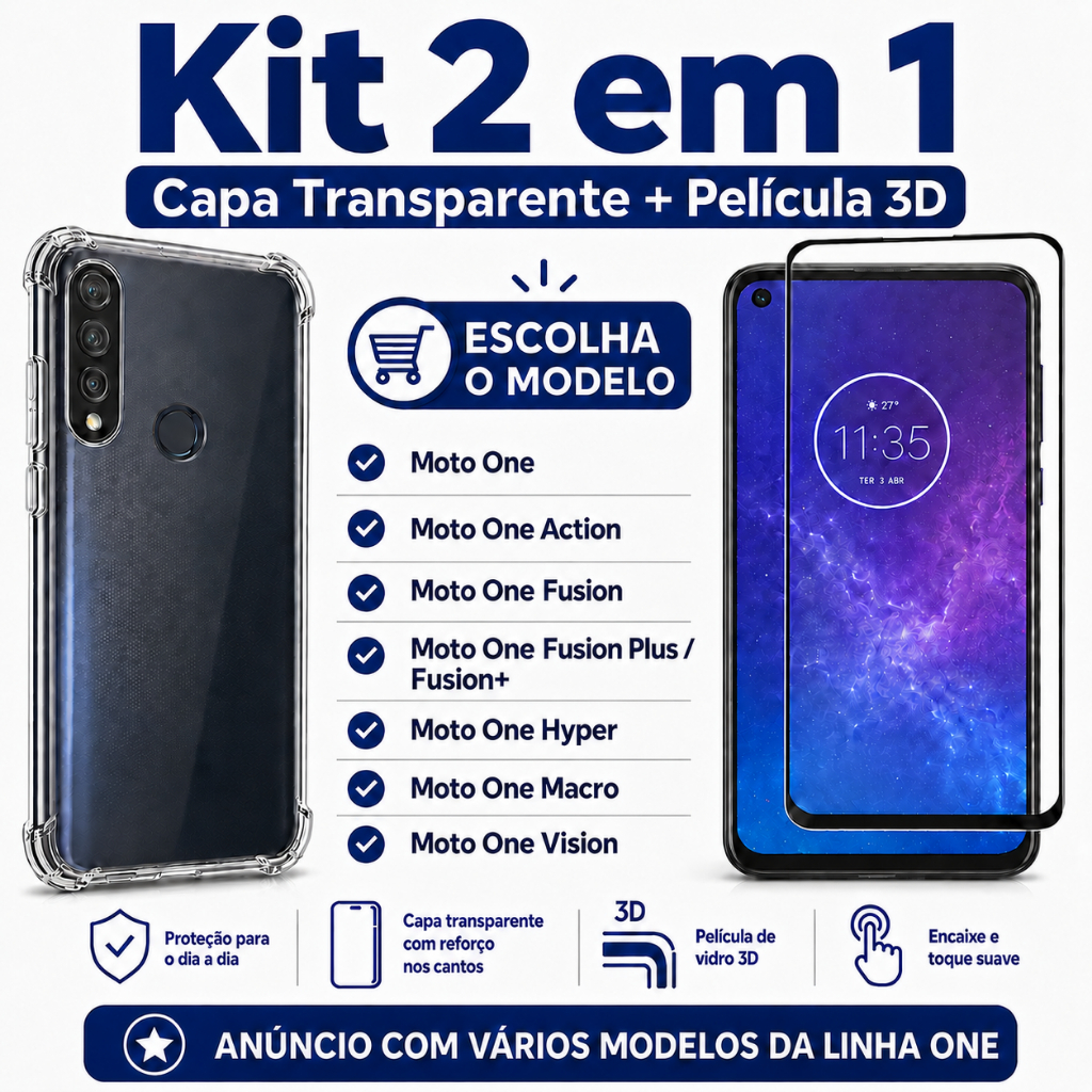 Kit 2 em 1 - Motorola Moto One / Action / Fusion+ Plus / Hyper / Macro / Vision Capa + Película 3D
