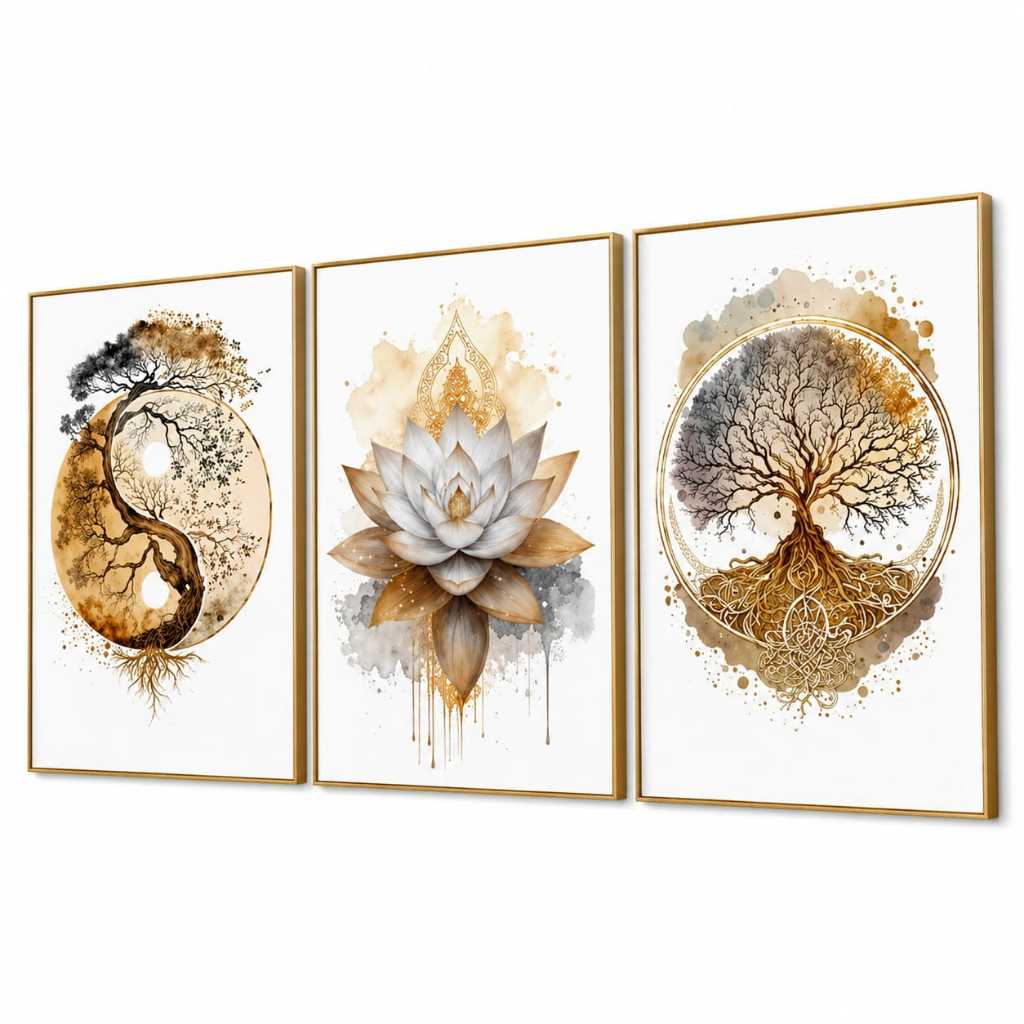 Imagem Trio Quadros Decoração Painel Tons Bege Espiritual Energia Flor de Lótus Árvore da Vida Yin Yang Zen Budista