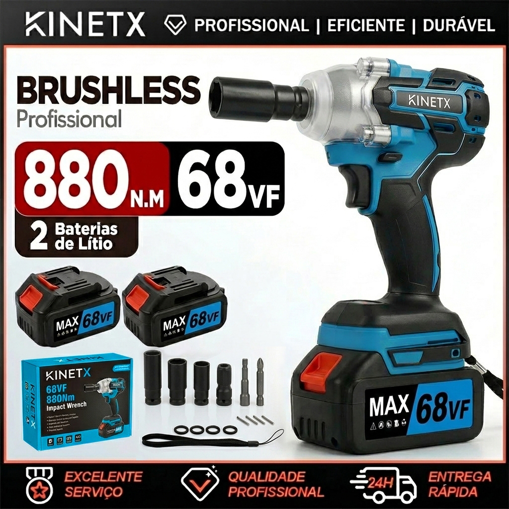 Kit Chave de Impacto Elétrica 880NM 68VF 2 Baterias Parafusadeira Furadeira Sem Fio Profissional