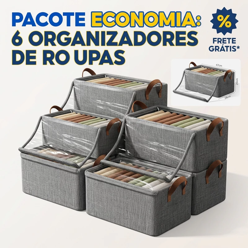 Kit com 6 Caixas Organizadoras Dobráveis para Roupas Tampa Visível
