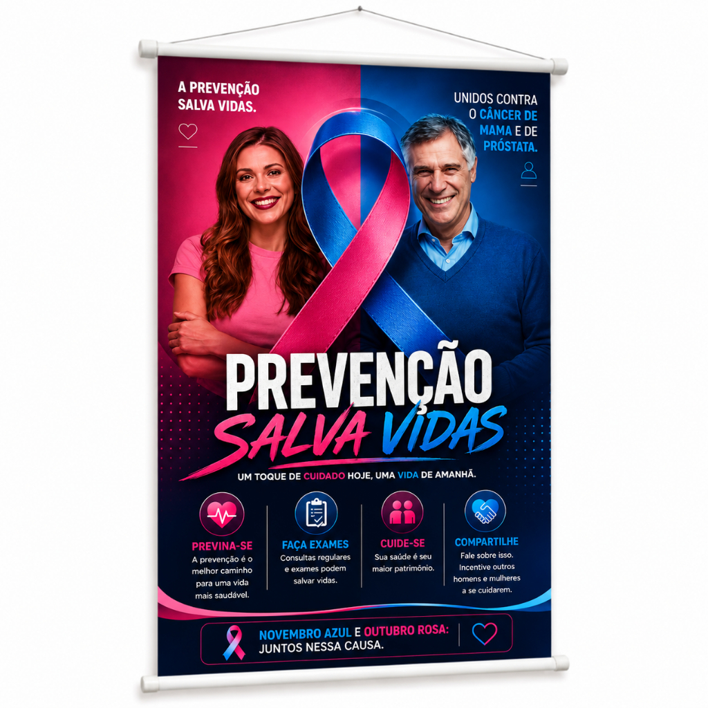 Banner Outubro Rosa E Novembro Azul Campanha Prevenção produzido em lona. Cartaz Hospital UBS Clínica Empresa Pub1153