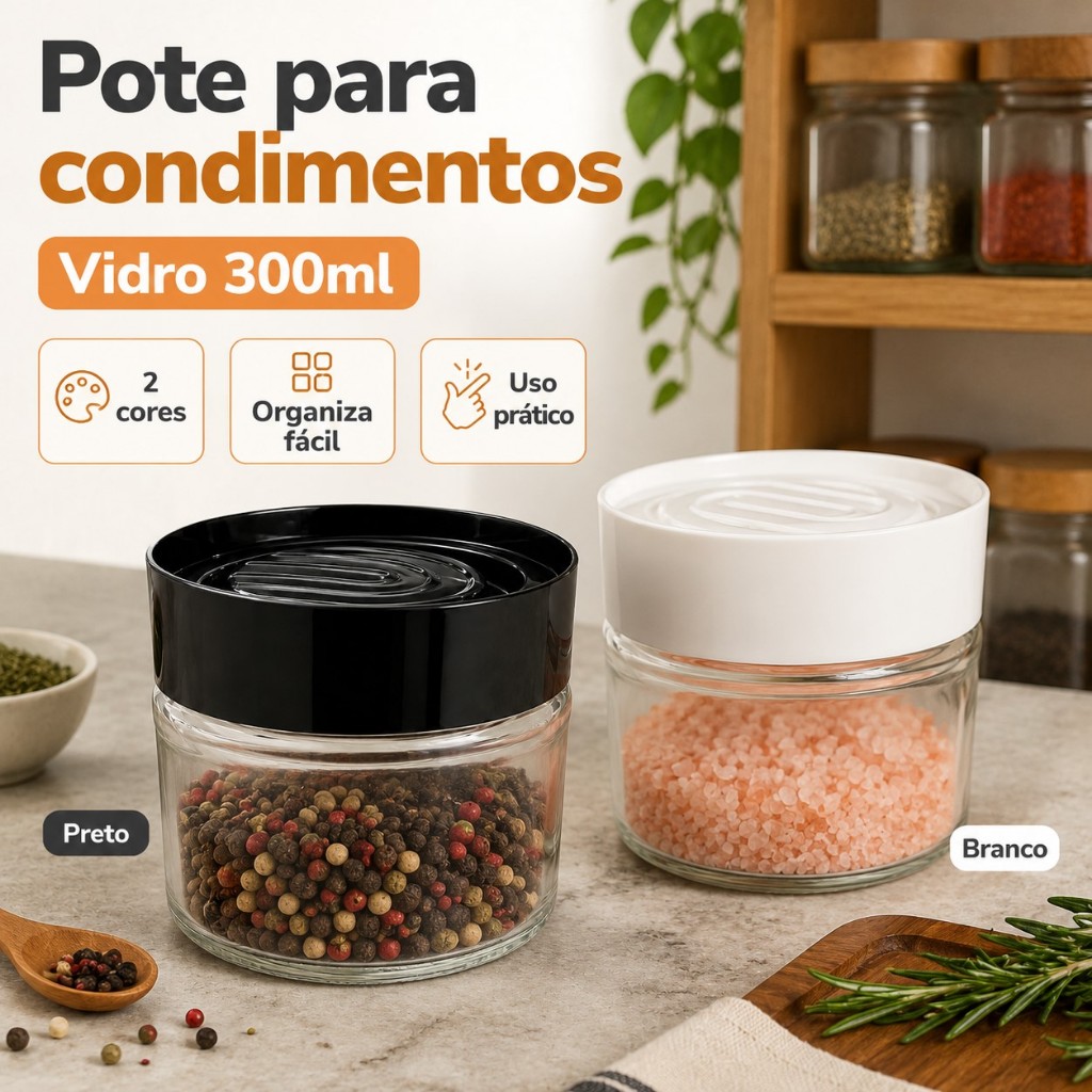 Pote para Temperos de Vidro com Tampa para Cozinha