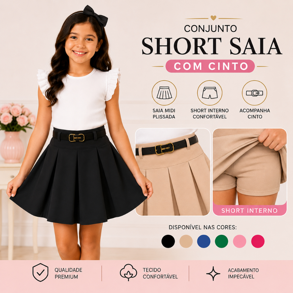 Saia Midi Infantil Com Short Interno E Cinto Menina 4 6 8 10