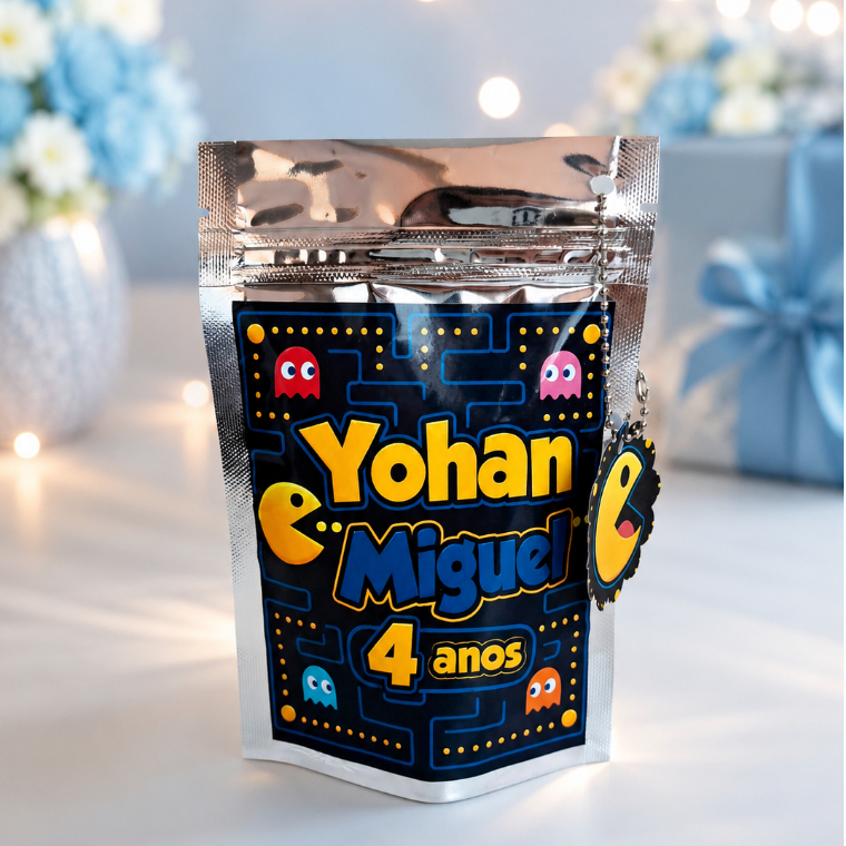 Saquinho metalizado Ziplock 10x15cm Pac man personalizado | Lembrancinha de Festa Infantil | Aniversário infantil