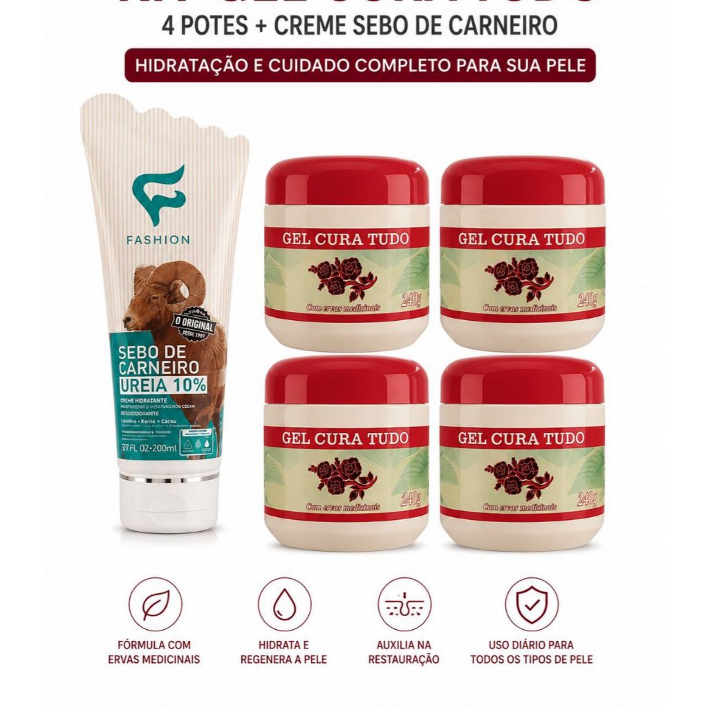 4 Un Gel Tampa Vermelhra 240g - Apinil + 1 Sebo de Carneiro Ureia 200 ml