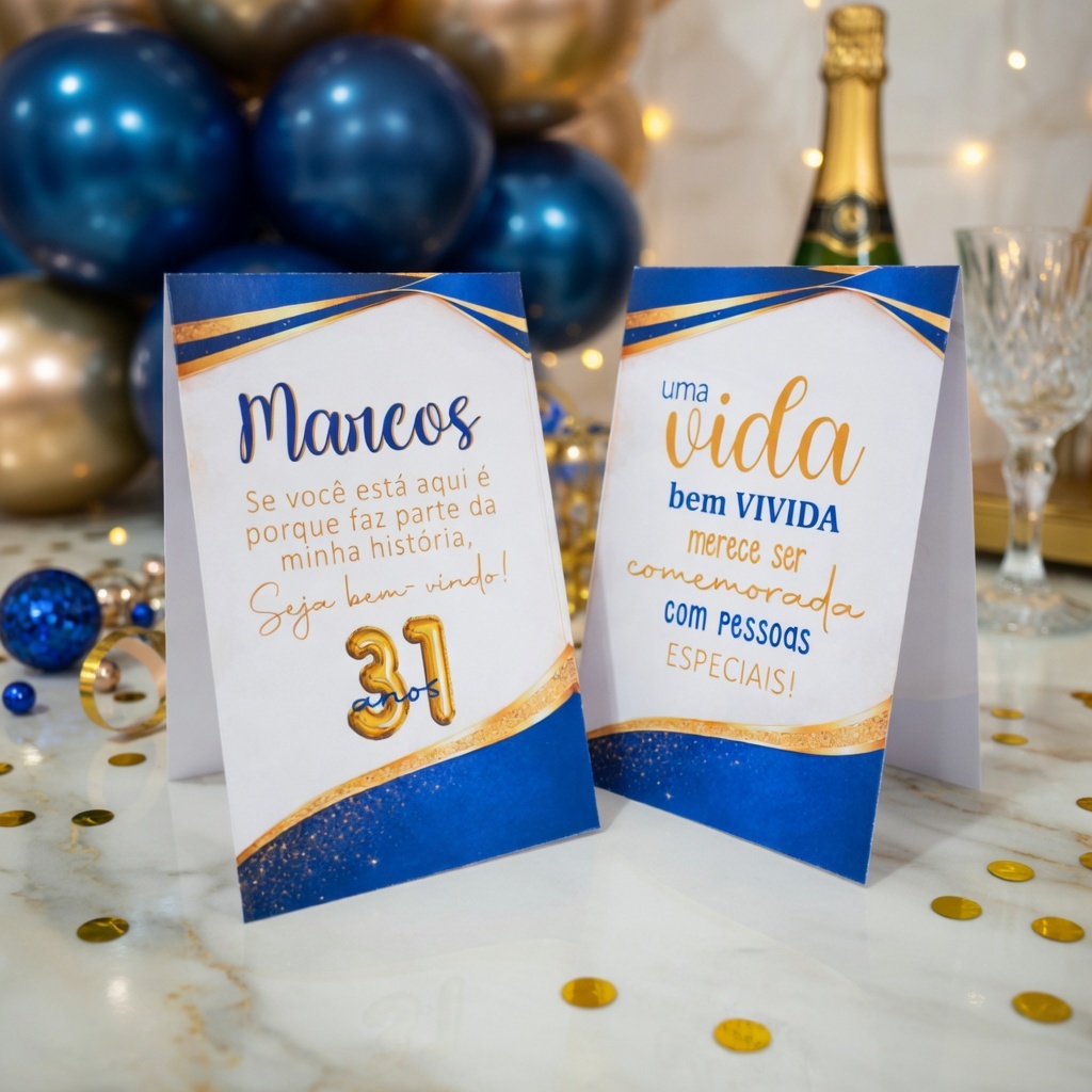 Centro de mesa agradecimento personalizado aniversário festa adulto plaquinha azul marinho dourado