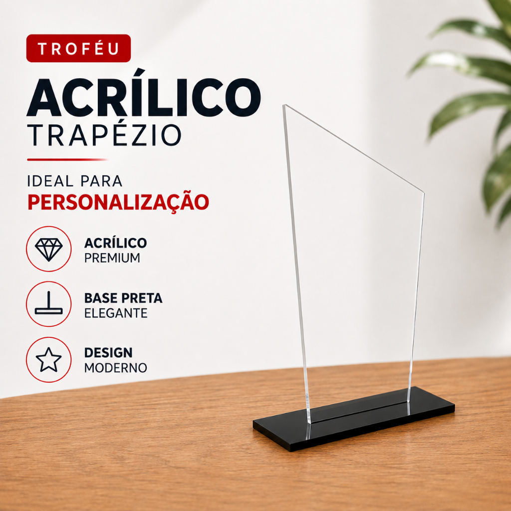 Troféu de Acrílico Kit 5/10/15 Trapézio Moderno Premiação Personalizado Eventos Esportes Escola