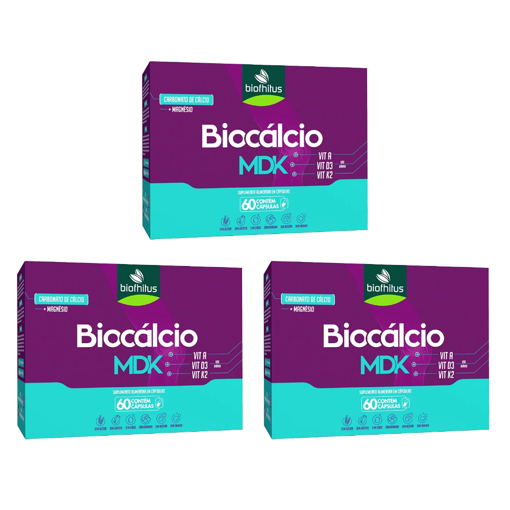 Kit 3 Biocalcio MDK Carbonato de Cálcio / Magnésio, Vitamina A, Vitamina D3, Vitamina K2 60 Cápsulas