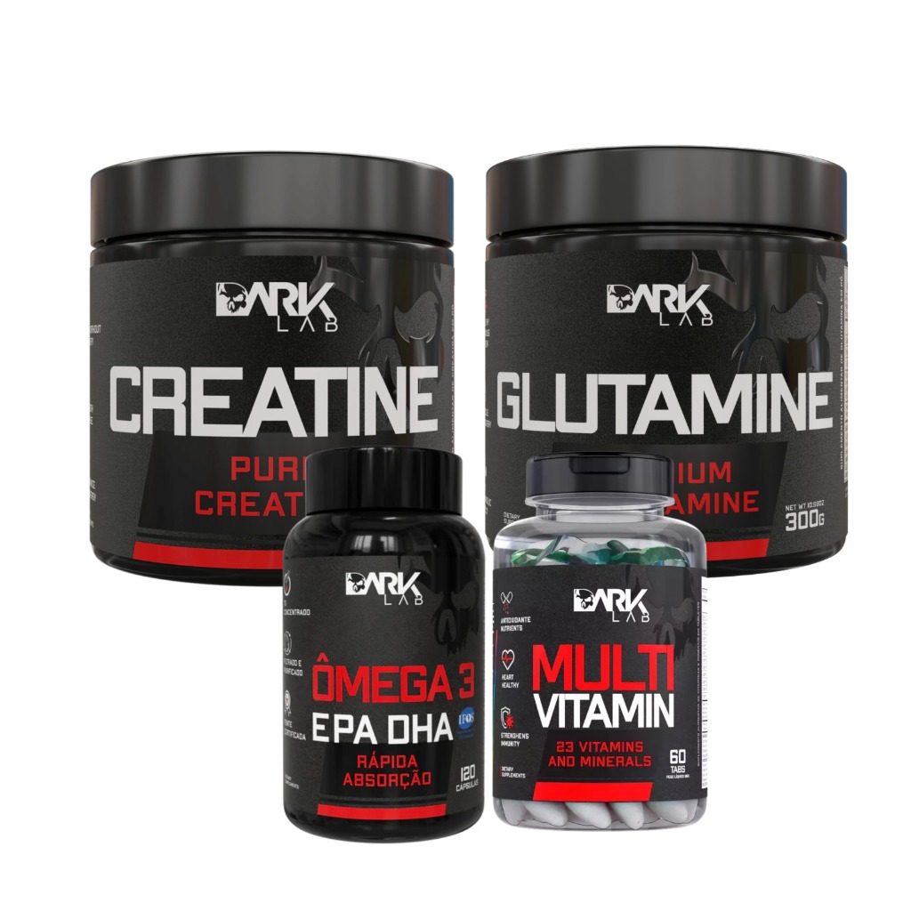 Kit Creatina 300g + Glutamina 300g + Omega EPA DHA 120 caps + Multivitamin 60 caps Dark lab