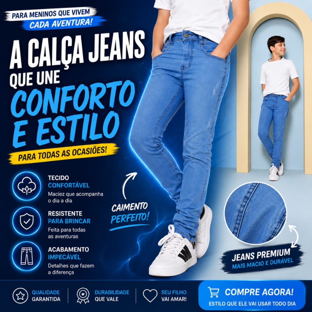 Calça Jeans Infantil Masculina Slim Azul Claro | Jeans Confortável Menino 8 ao 16 Anos