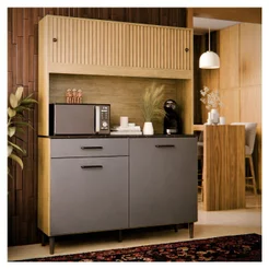 Armário Cozinha Com 4 Portas Gaveta E Balcão Completo Kit De Parede Compacto Com Nicho Suspenso Grazi Sala De Jantar