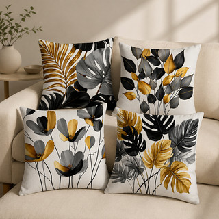 KIT 4 CAPAS DE ALMOFADAS DECORATIVAS COSTELA DE ADAO FOLHAM PRETO VERDE DOURADO  SUEDE TOQUE AVELUDADO  - TAMANHO 45X45