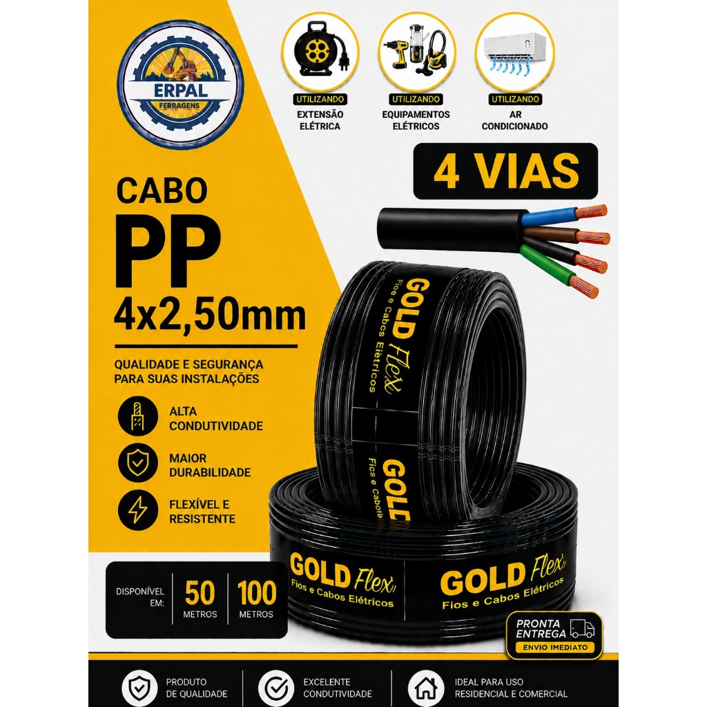 Cabo Pp 4x2,5MM - Fio Flexível 4 Vias De 2,5mm² - 10/20/30 Metros Cobertura Preto