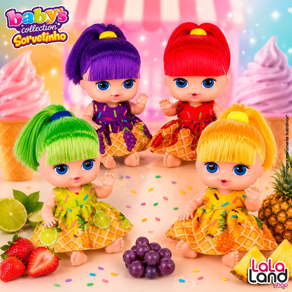 Kit 4 Bonecas Sorvetinho Frutinhas Brinquedo Infantil Bebê Cheirinho de Frutas Uva Morango Abacaxi