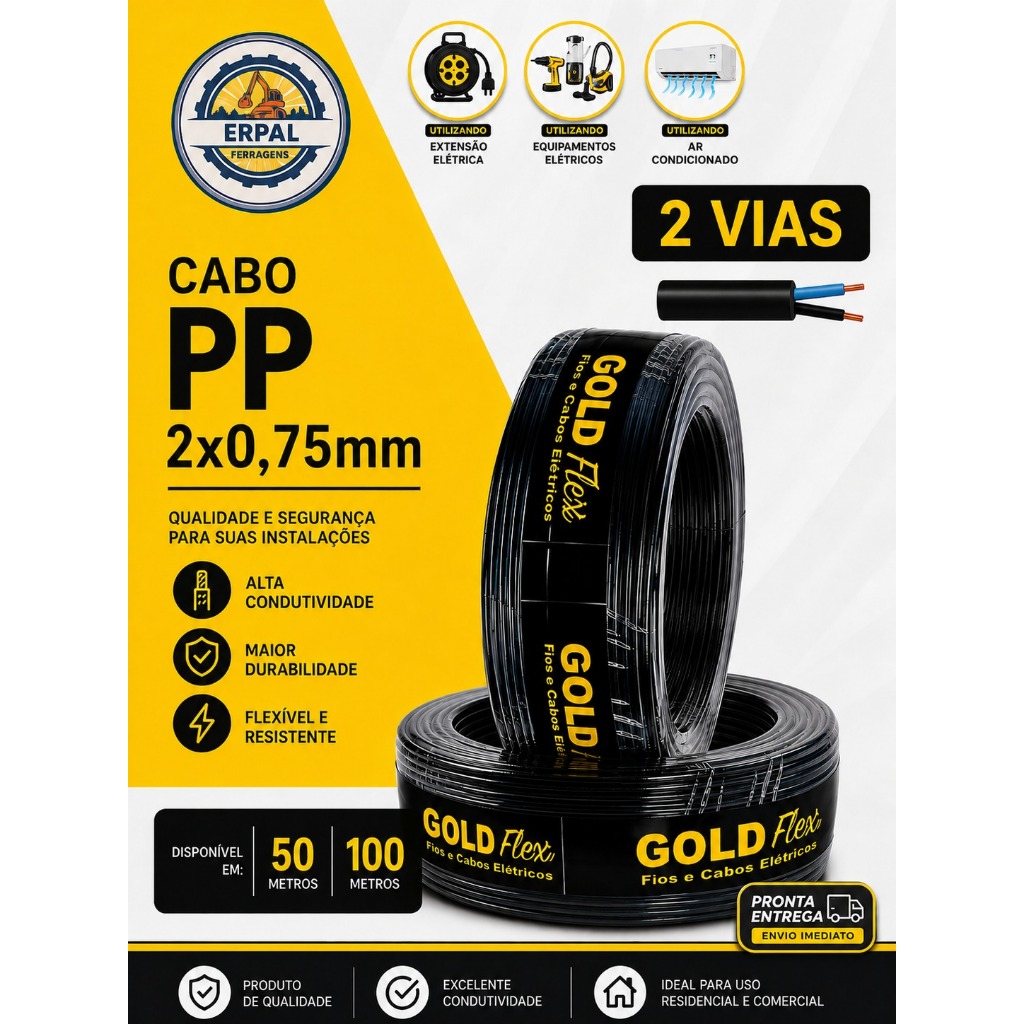 Rolo De Fio Cabo Goldflex 2 Vias Pp 2x0,75mm C/ 50 ou 100 Metros